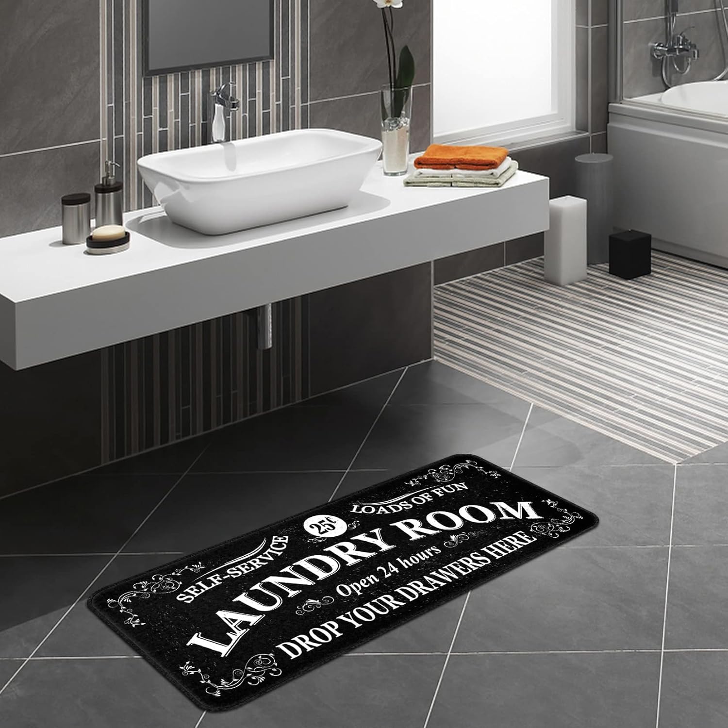 Runner Rug, Farmhouse Kitchen Floor Mat, Non Slip Laundry Room Decor, 20 X 47 inch, Black