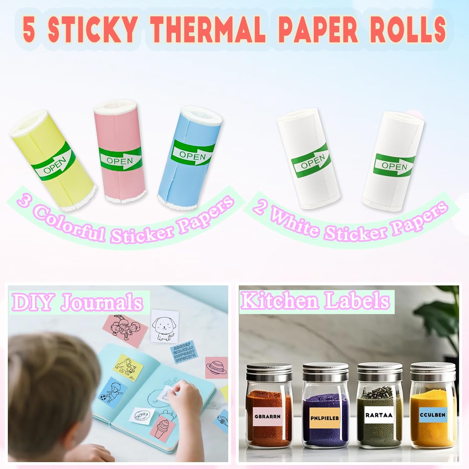 10 Rolls 2-in-1 Mini Printer Paper - 5 Sticky Rolls & 5 Plain Rolls Compatible with M02/T02 Printers(Remove Inner Paper Holder), Thermal Sticker Paper for Photos, Lists, Study Notes & Scrapbooking - Image 4