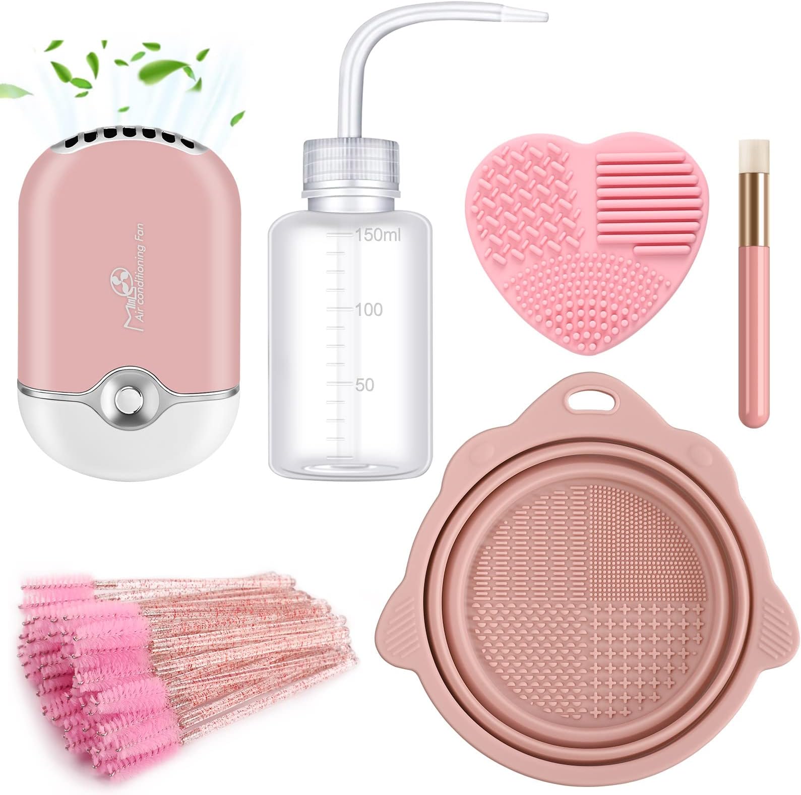 Sakolla Eyelash Fan Kit USB Mini Portable Lash Dryer 50 Lash Brushes 1 Lash Shampoo Brush 1 Plastic Wash Bottle for Eyelash Extension with 2 pcs Silicone Brush Cleanser Pad and Bowl Washing Tool