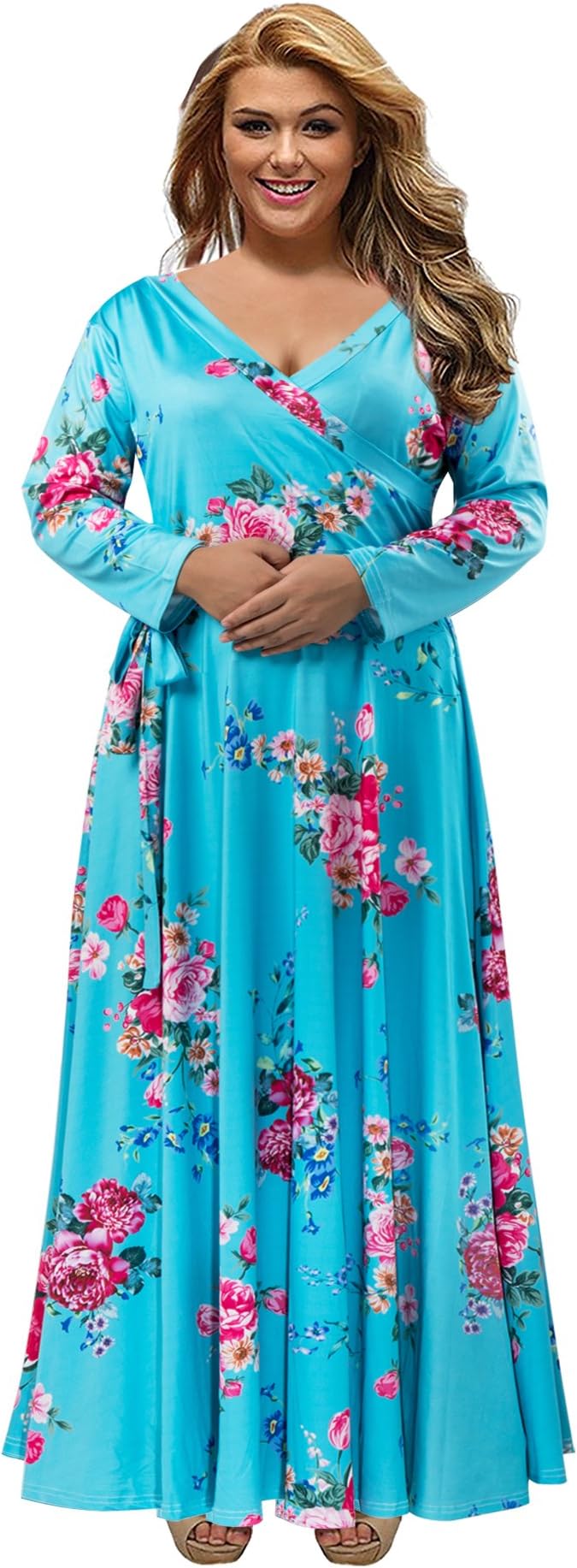 Womens Floral Wrap V-Neck Long Sleeve Plus Size Casual Maxi Dress (Light Blue Flower, 18)