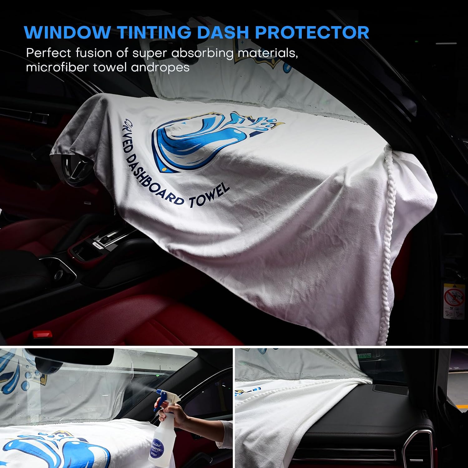 NEWISHTOOL Rope Dash Towel, Rounded Edge Window Tint Dash Protection Microfiber Towel with Sew-in Braided Soak Rope, Large Size 70" L × 35" W Full Cover Windshield Dashboard Absorbent Water Shield