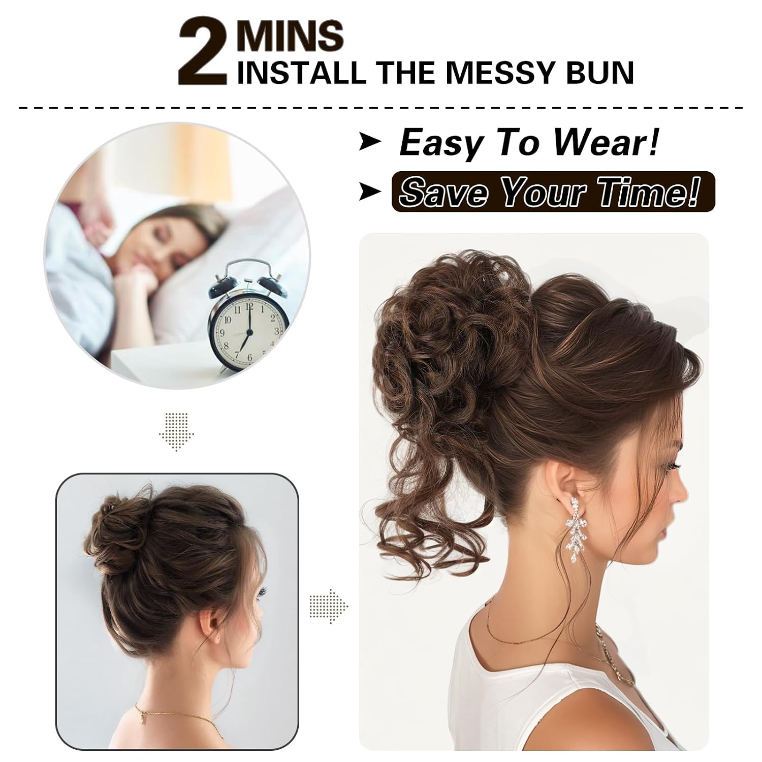 HMD 5 Pieces Messy Hair Bun Hairpiece Tousled Updo for Women Hair Extension Ponytail Scrunchies with Elastic Rubber Band Long Updo Messy Hairpiece Hair Accessories Set for Women（1B/30）