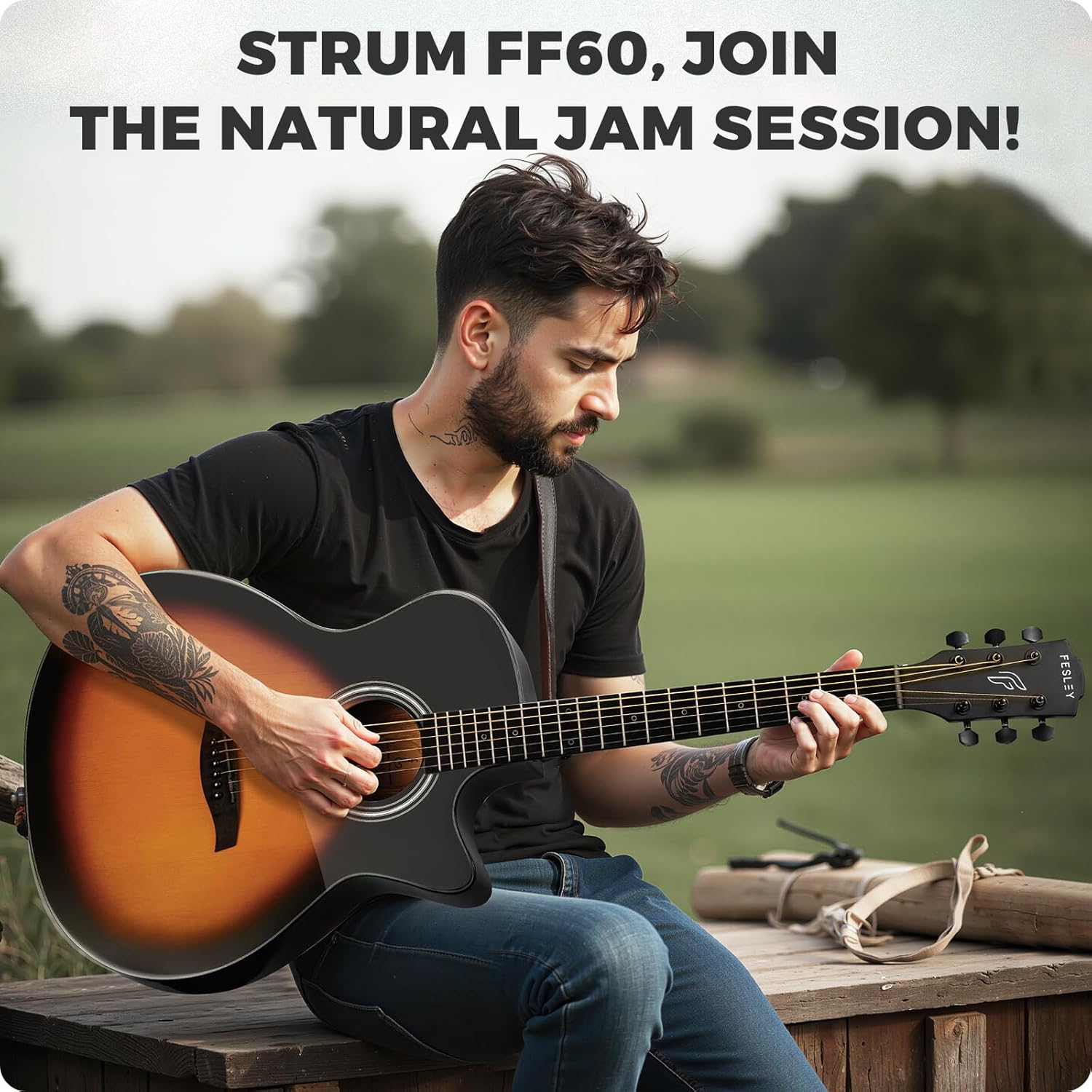 41" Acoustic Guitar Kit for Beginner: 4/4 Full Size Cutaway Acustica Guitarra Bundle for Adult with Gig Bag, Tuner, Strap, Strings, Picks, Capo, FF60, Sunburst