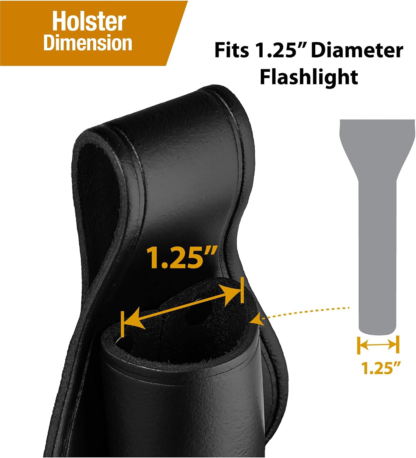 C Cell Flashlight Holder, Black Leather Open Top and Open Bottom Holster Fits with 1.25 Inch Barrel Diameter, Fits Duty Belt up to 2.25 Inch (Loop Style Slide), Made in USA