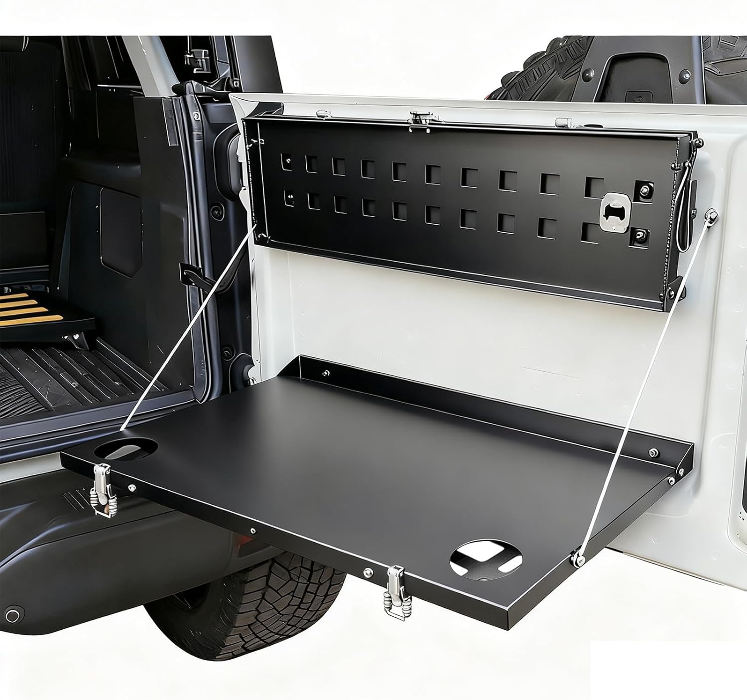 Tailgate Table Fits for Ford Bronco 2021-2024, Carbon Steel Double Layer Folding Shelf & Molle Panel, Compact Storage for Off-Road Camping