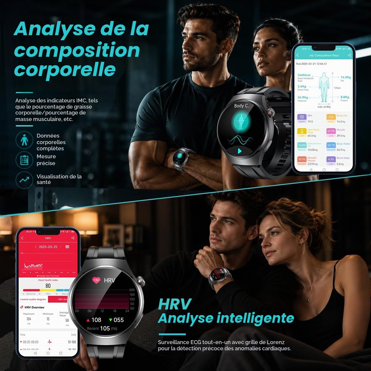 Montre Connectée Homme ECG+HRV Smartwatch: 1.43" AMOLED Montre Intelligente Homme avec Fréquence Cardiaque Tension Arterielle SpO2 Sommeil Température Corporelle Appel Bluetooth pour iOS et Android