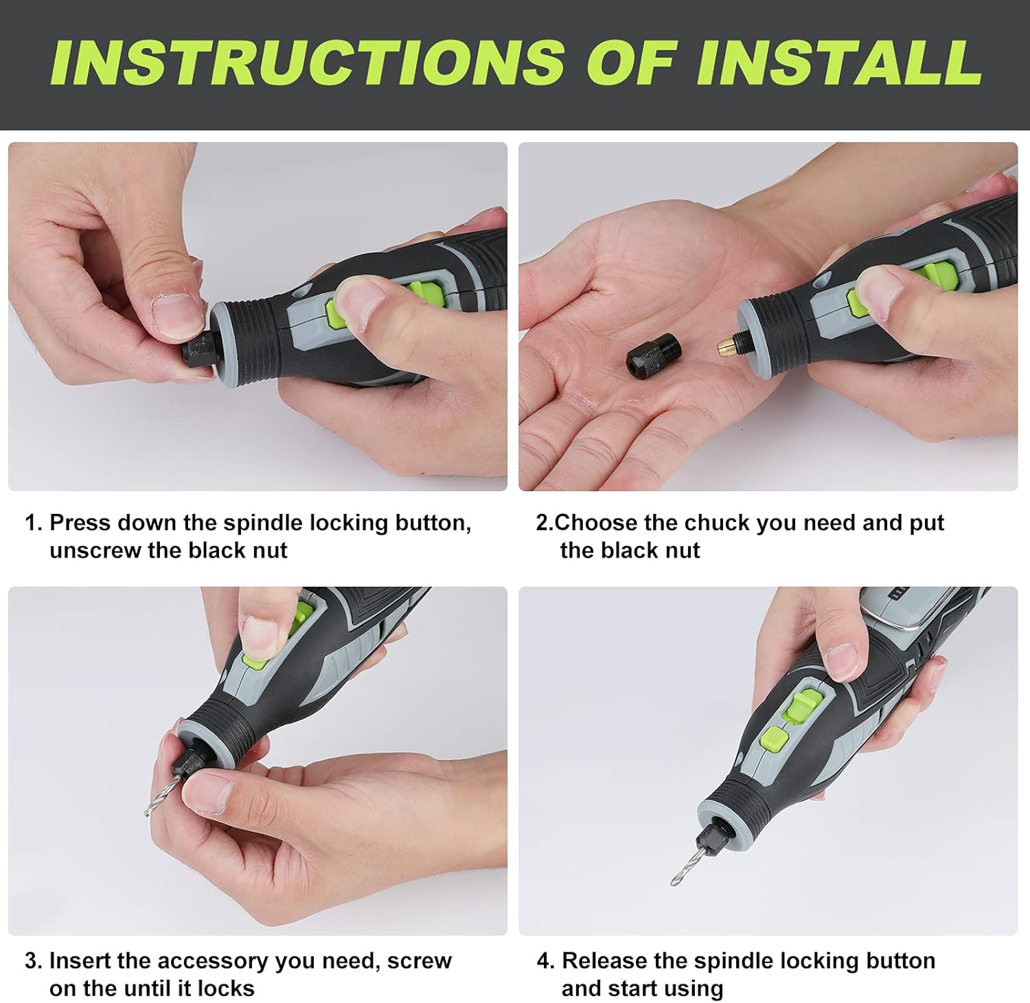 Step 1: Press spindle lock and unscrew nut