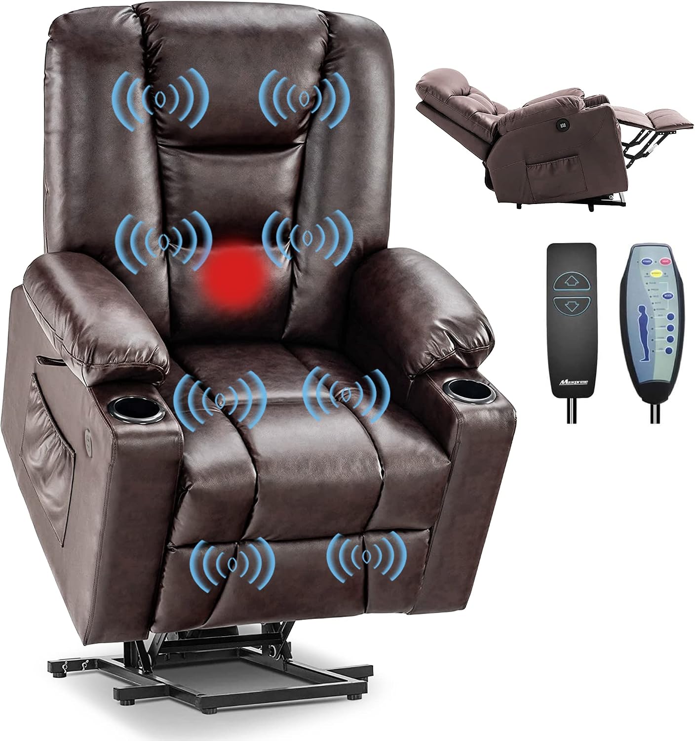 MAXXPRIME PU Faux Leather Wheel Free Moving Electric Power Lift Recliner Chair Sofa with Massage and Heat for Elderly, with Remote Controls, 2 Side Pockets, Cup Holders, Dual USB Ports (Saddle)