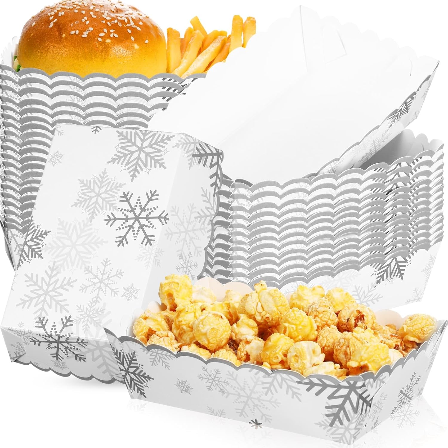 Dunzoom 60 Pcs Silver Winter Snowflake Paper Food Trays Winter Wonderland Party Decoration Snowflake Snack Trays Nacho Boats Bowl Disposable for Holiday Birthday Baby Shower Party Supplies
