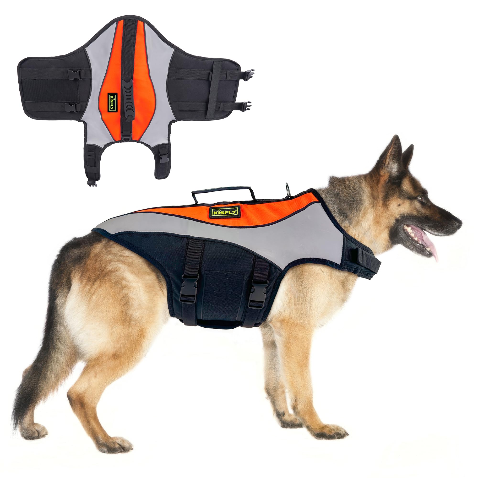 KISFLY Large Dog Life Jacket XL, Orange, with Rescue Handle