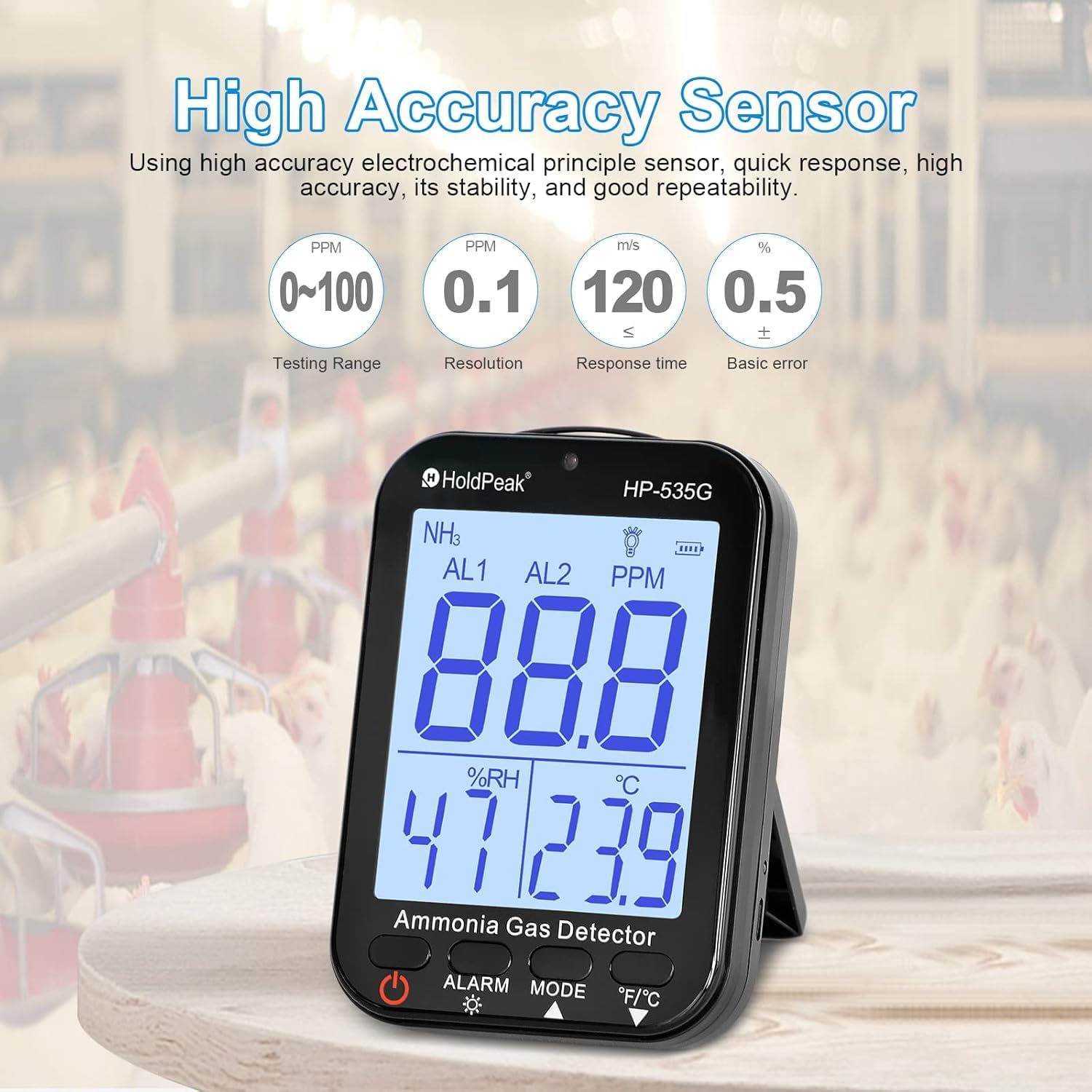 Portable Ammonia Gas Detector, NH3 Tester (0-100 PPM) with 0.1 PPM Resolution, Air Quality Monitor with Humidity Temperature, Dual Acoustic/Optical Alarm, Large Backlit Display for Farms, Chemical