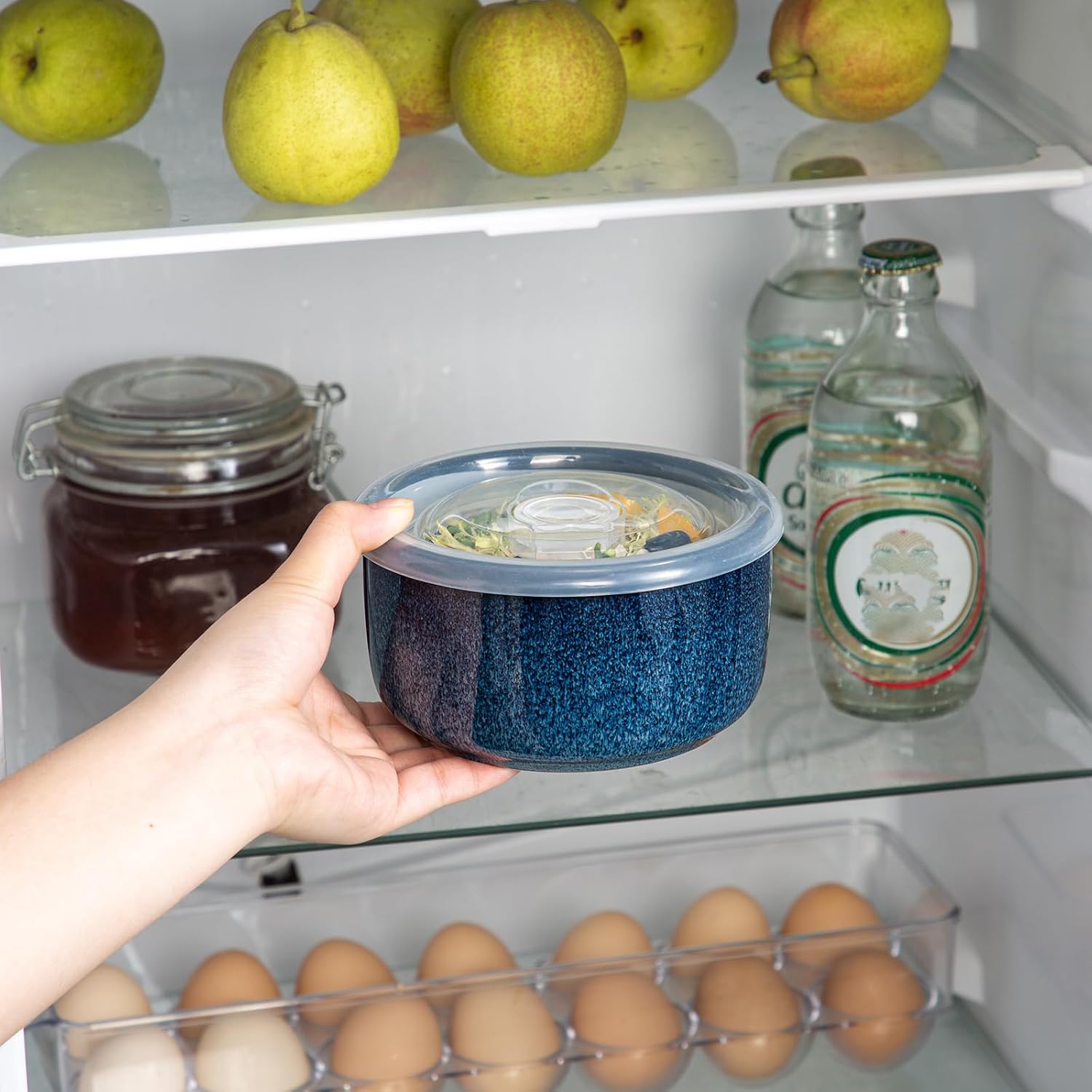 Ceramic Bowls Set with Lids: Set of 4 Microwave Safe Bowls for Soup Meal Prep Cereal Salad Fruit - Food Storage Containers with Lids for Work Lunch Pinic Camping - Glaze Blue A