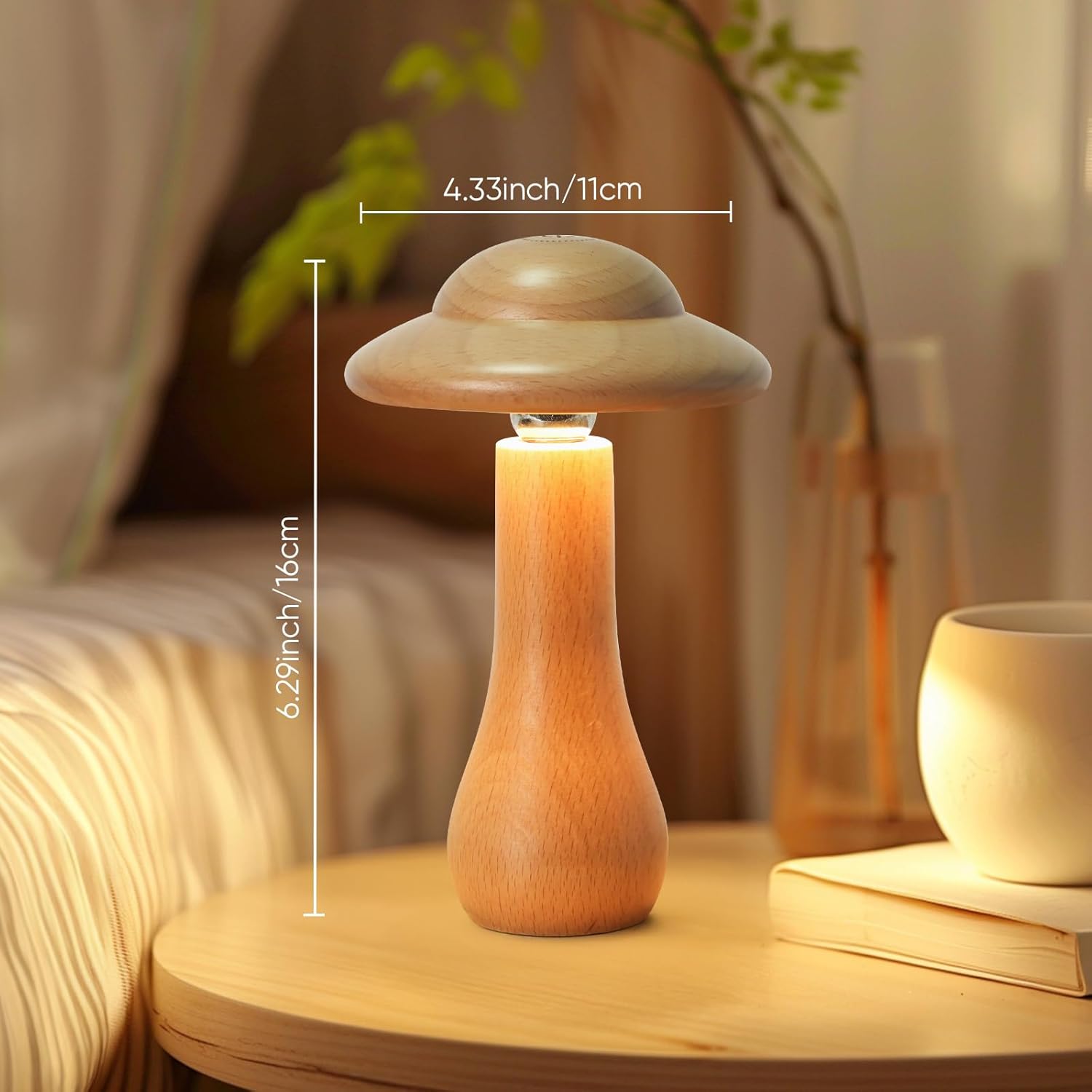 LONRISWAY Portable Cordless Touch Switch Small Wooden Mushroom Lamp,Rechargeable Battery Operated, Stepless Dimming, 360 Degree Rotation Angle Adjustable Night Light