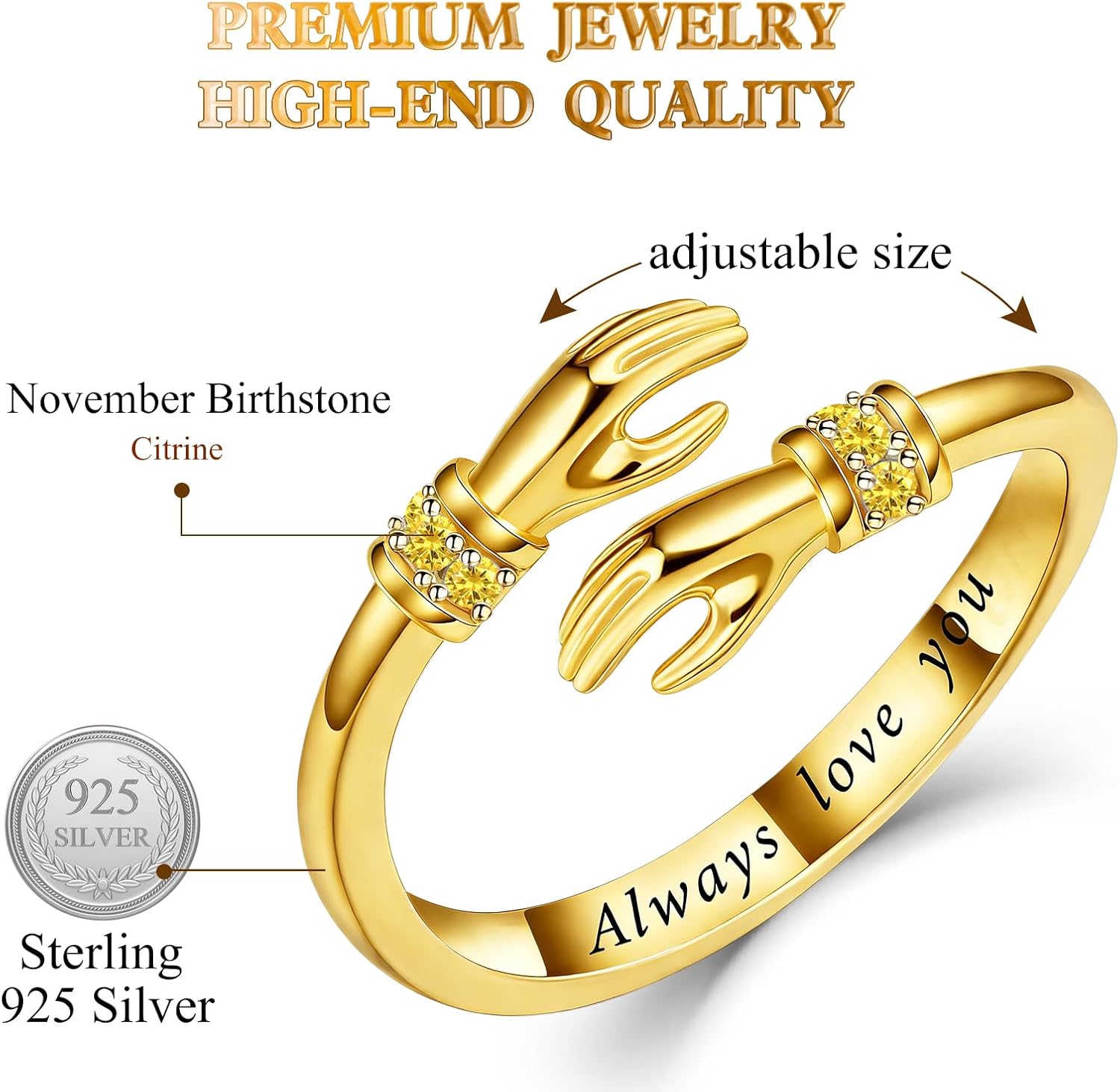 Adjustable Hug Ring for Women 925 Sterling Silver Fine Jewelry Gift for Her, Birthstone Ring