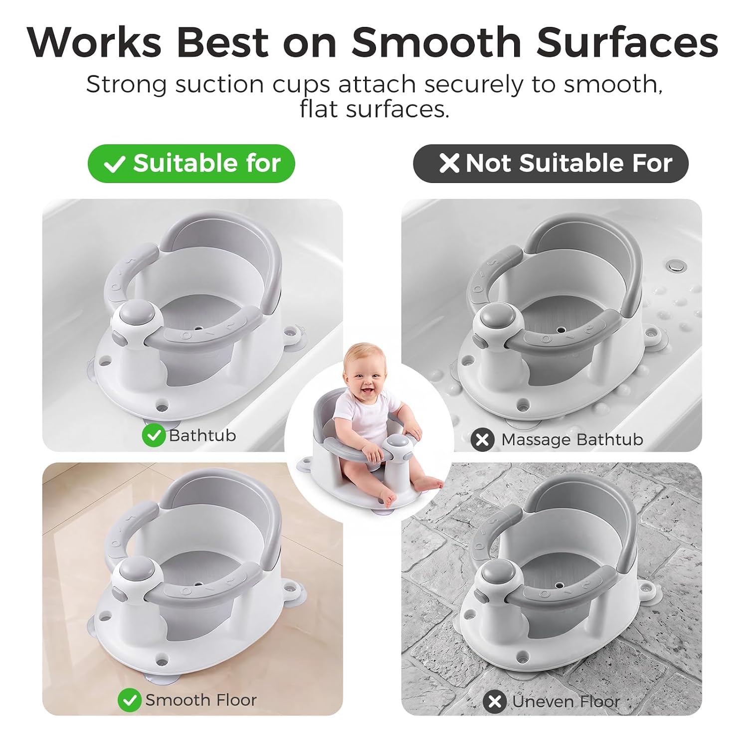 Baby Bath Seat for Babies 6 Months & Up, Temperature Alert Baby Bathtub Seat for Babies Sitting Up, Non-Slip Toddler Bath Chair, Ergonomic Backrest Infant & Newborn Bath Tub Seats with 3 Bath Toy Grey