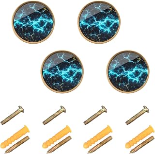 Blue Electric Sparks Round Drawer Knobs 1.26 Inch/32mm Drawer Pulls Cabinet Dresser Handles for Kitchen Cabinet Dresser Drawer Hardware, 4-Pack