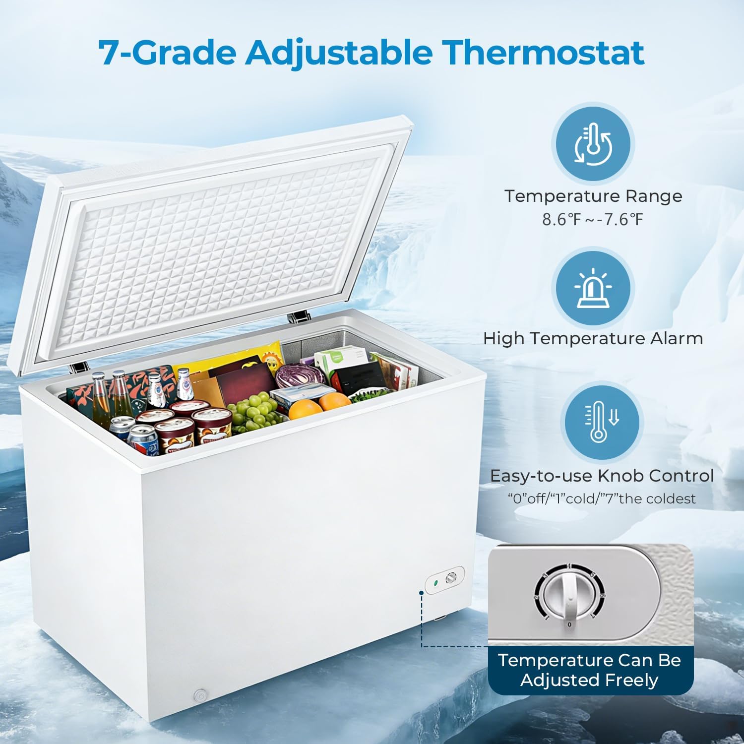 Antarctic Star Chest Freezer 10.0 Cubic Feet Compact Freezer with 3 Removable Baskets, Free Standing Top Open Door Deep Freezer, 7-Level Adjustable Temperature, White