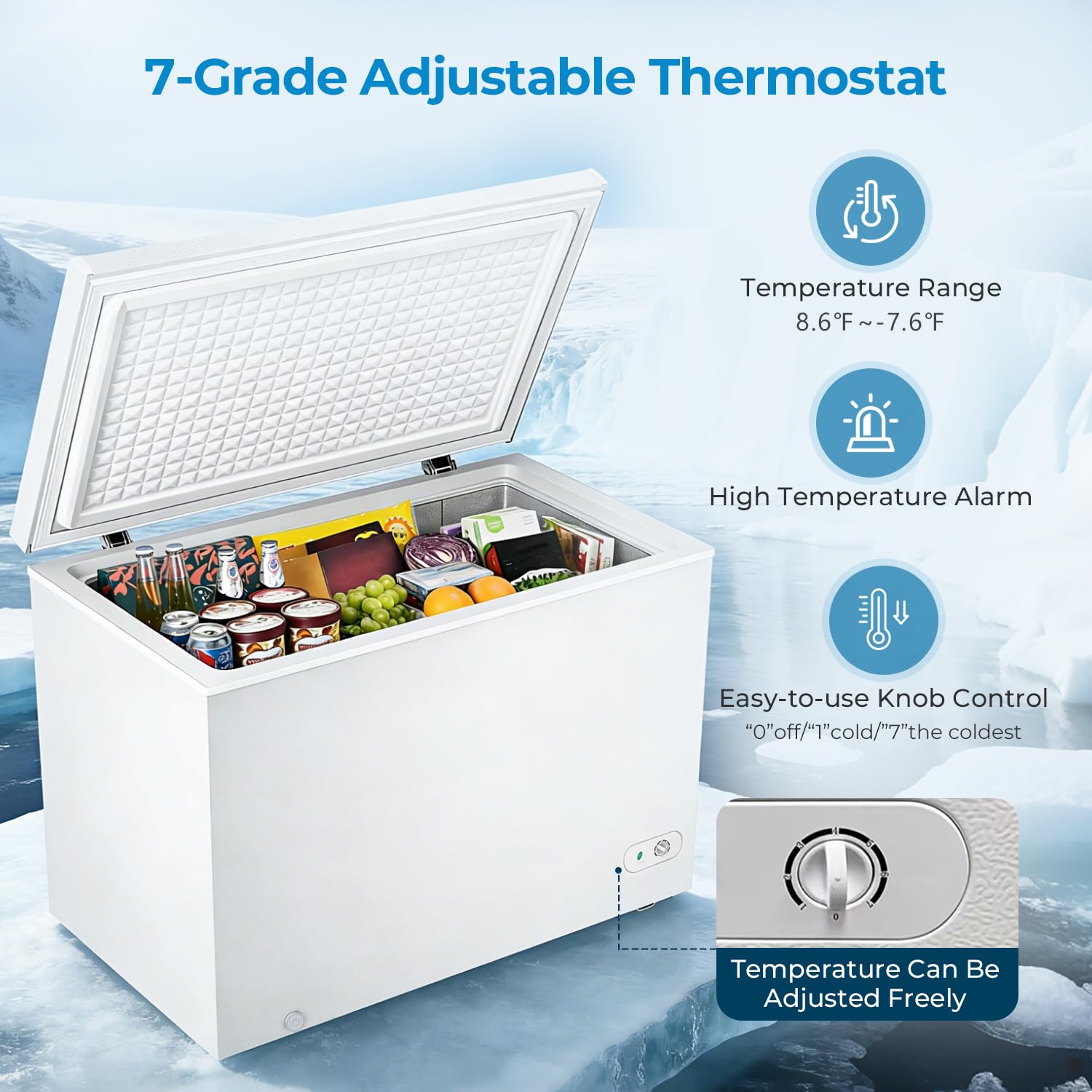 Antarctic Star Chest Freezer 10.0 Cubic Feet Compact Freezer With 3 Removable Baskets, Free Standing Top Open Door Deep Freezer, 7-Level Adjustable Temperature, White on Fridge.com - View 3