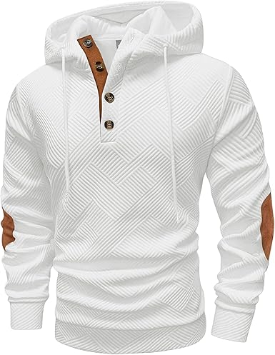 Mens Fashion Pullover Hoodies Long Sleeve Thermal Drawstring Button Texture Hooded Sweatshirt