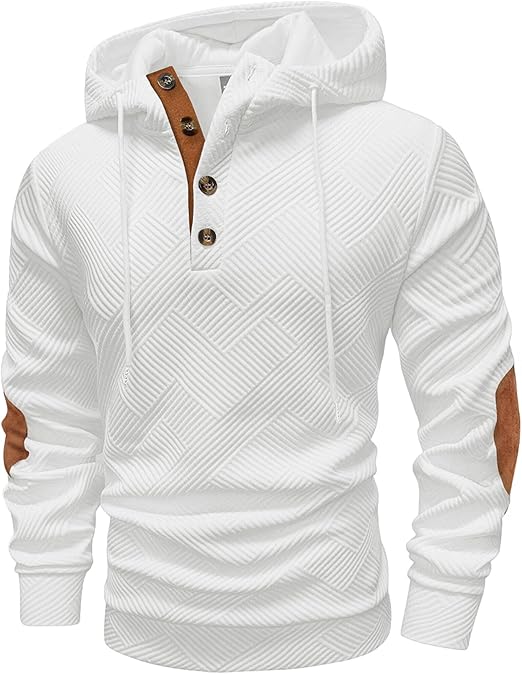 Mens Fashion Pullover Hoodies Long Sleeve Thermal Drawstring Button Texture Hooded Sweatshirt