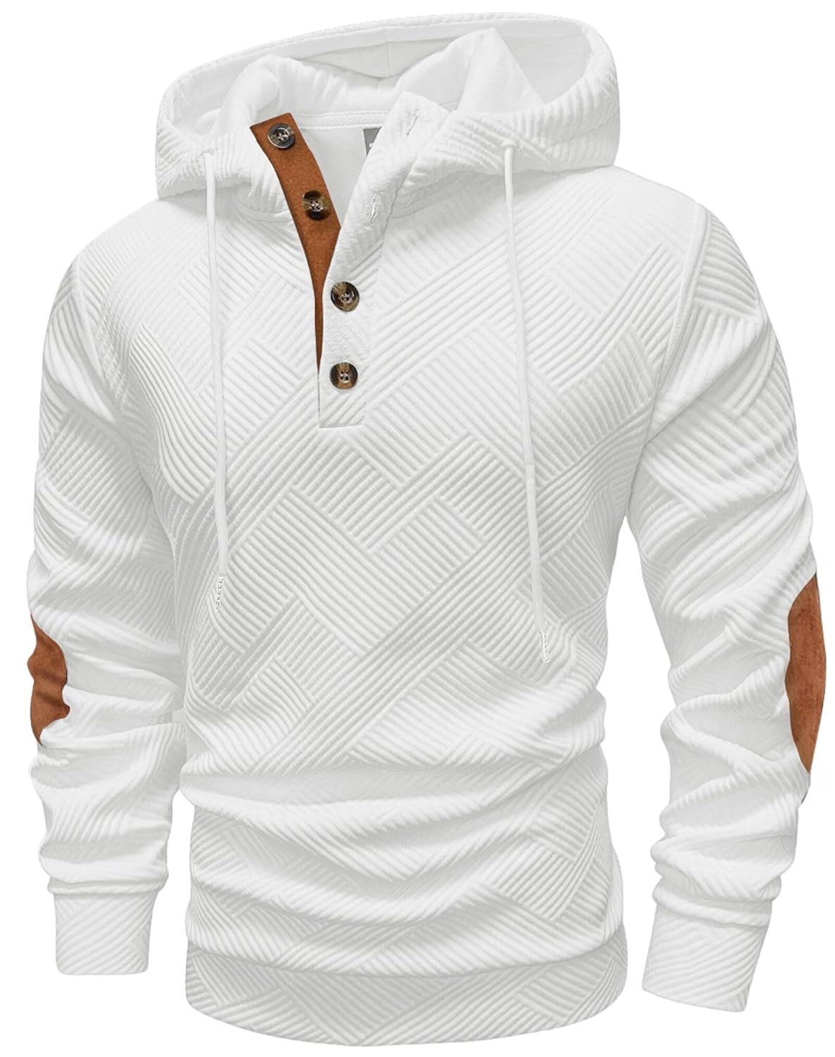 Mens Fashion Pullover Hoodies Long Sleeve Thermal Drawstring Button Texture Hooded Sweatshirt