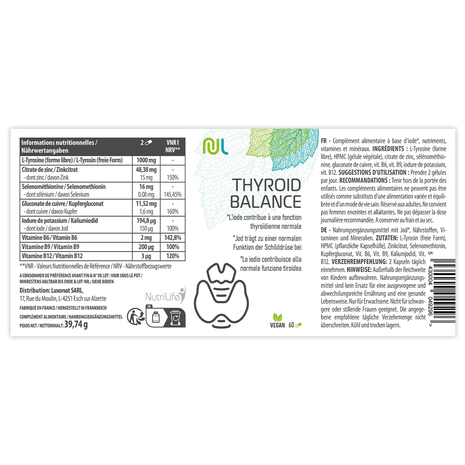Thyroid Balance - 60 Gélules Végétales - Complément Thyroïde - Soutien Thyroïdien et Équilibre Hormonal - Enrichi en Iode, Sélénium, Zinc - Fabriqué en France - Sans Gluten ni Lactose - Nutri Life