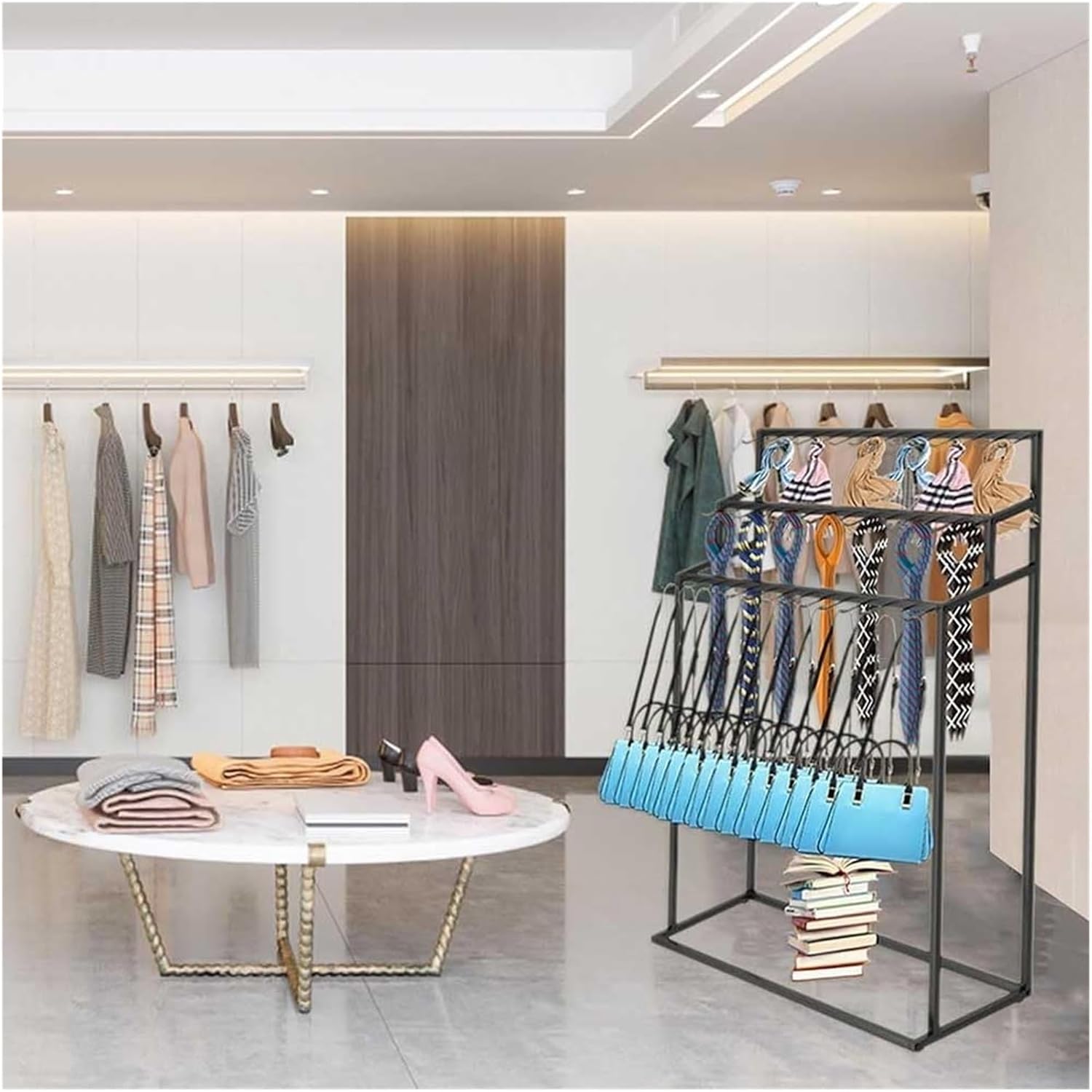 Floor Mounted Belt Hanger, Metal Men Closet Display Stand Organizer Ties Scarf Rack Shawls Purse Shelf for Bedroom Store Retail Business, Space Saving(Black,60x40x150cm)