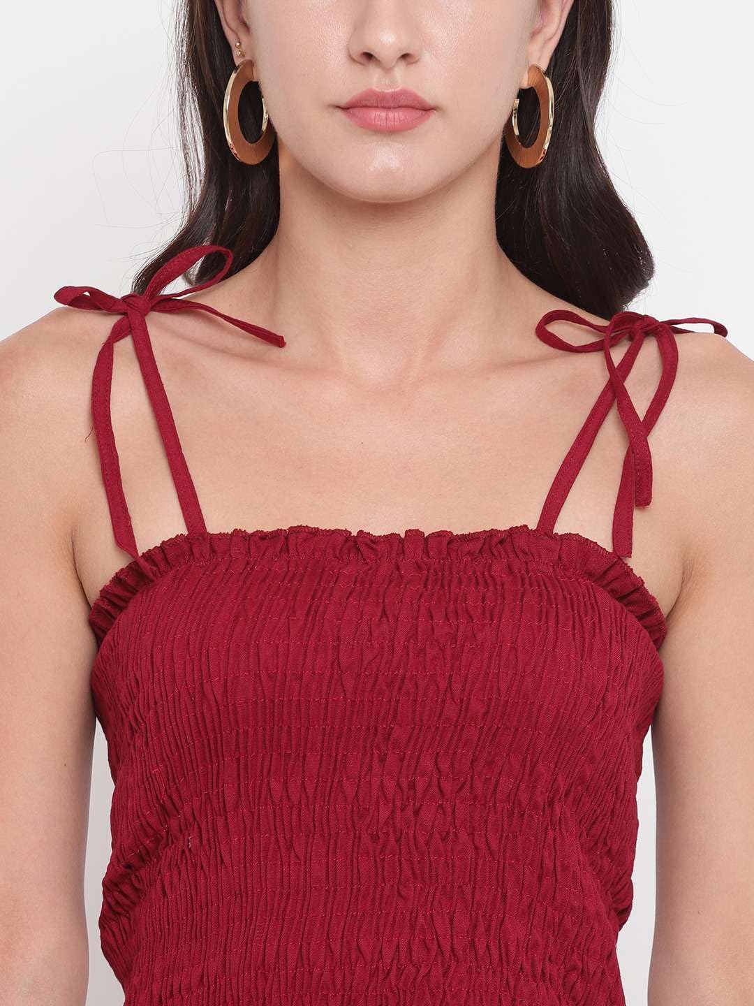 Bigdave Women's Rayon Solid Casual Summer Style Tie Shoulder Straps Free Size Tank Top (Maroon)