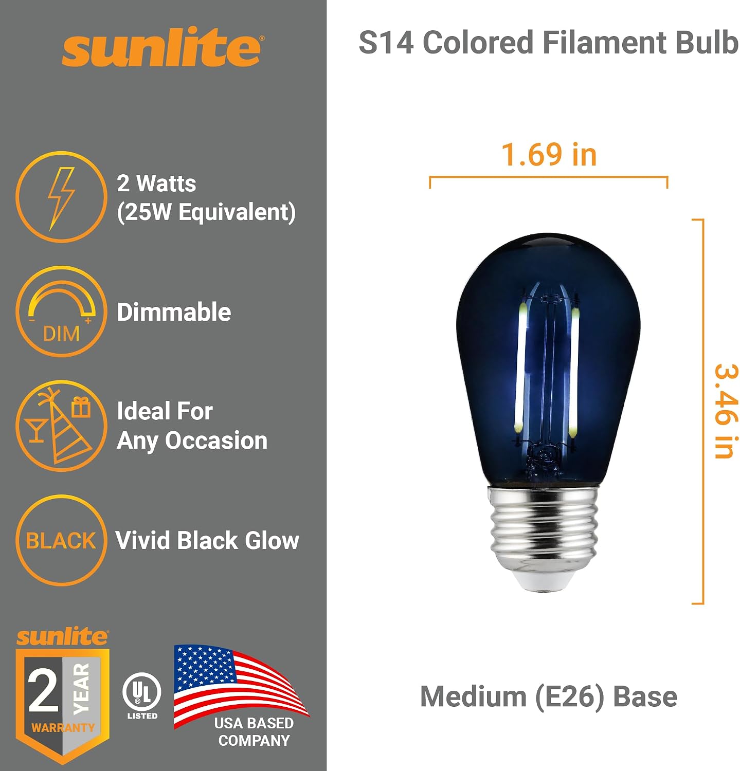 Sunlite LED S14 String Light Bulb, 2 Watts (25W Equivalent), Medium E26 Base, Party Decoration, Holiday Lighting, Transparent, Dimmable, UL Listed, Black, 6 Count