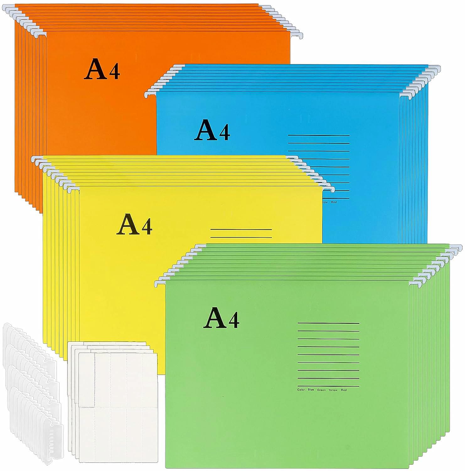 SINJEUN 40 cartelle sospese in formato A4, 4 cartelle portadocumenti da appendere, divisori per schedario per organizzare l'organizzazione, arancione, giallo, blu, verde