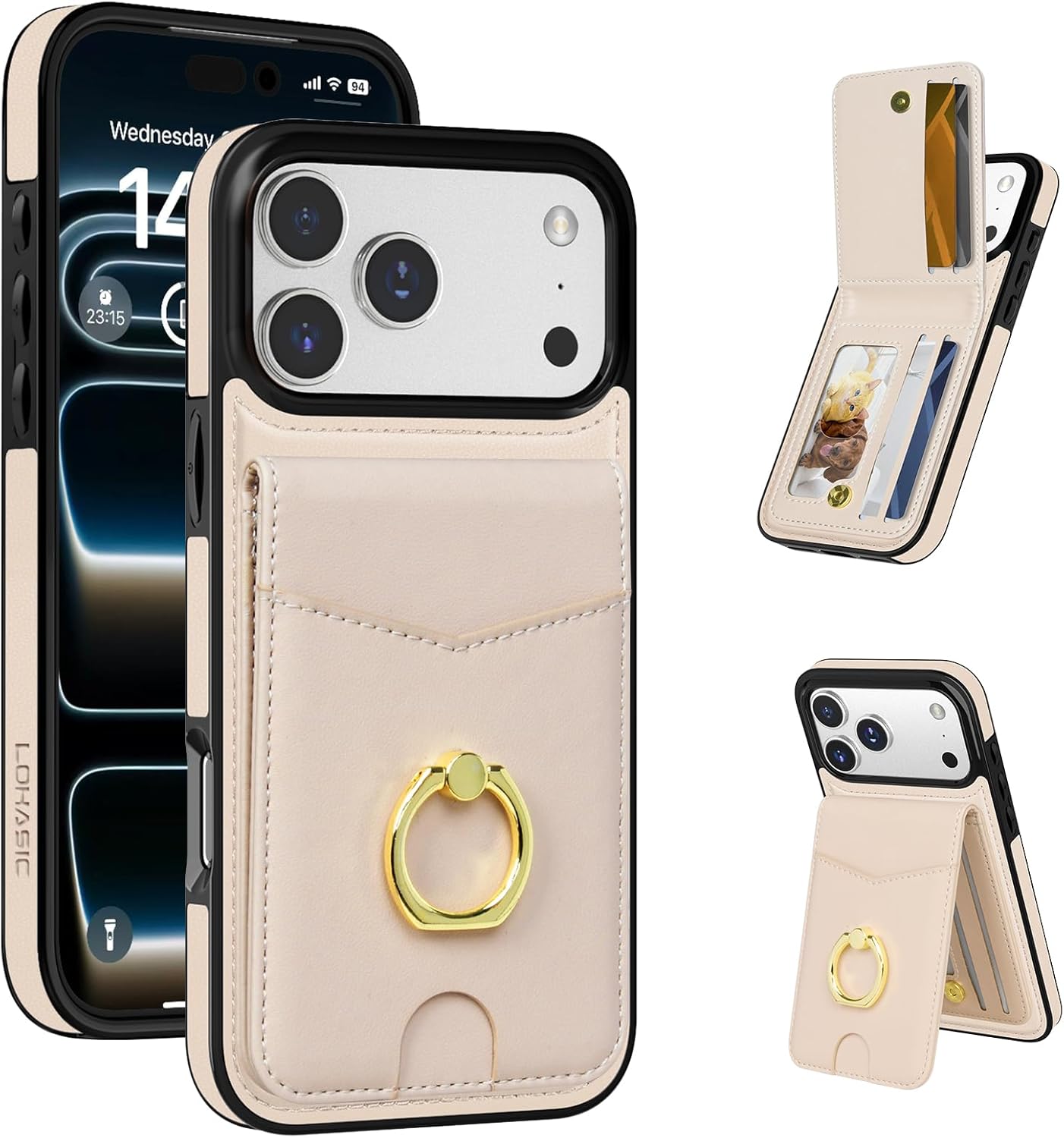 LOHASIC for iPhone 17 Pro Max Wallet Case with Ring Holder, 5 Card Slots & RFID Blocking, PU Leather Vertical Flip Case with Kickstand, Finger Ring Grip Card Holder 6.9" Cover for Women Men, Beige