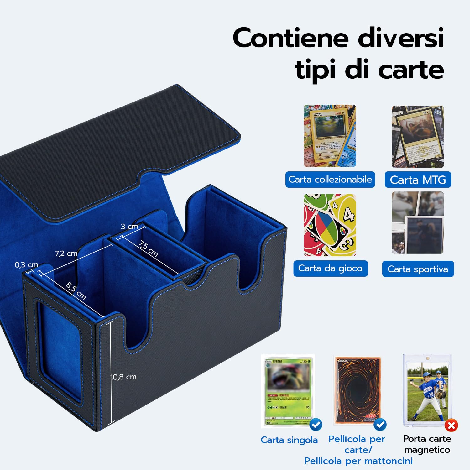 MTG Deck Box con scomparto e finestre di visualizzazione laterali, 3 in 1 Magnetic Card Box per contenere 200+ TCG Carte da Collezione, Blu e Nero