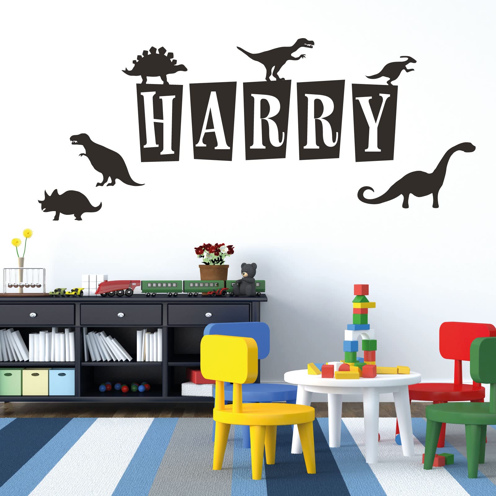 Personalised Name - Dinosaurs, T-Rex, Apatosaurus, Jurassic Era - Children's Bedroom Vinyl Wall Decal Sticker [Medium] [Black]
