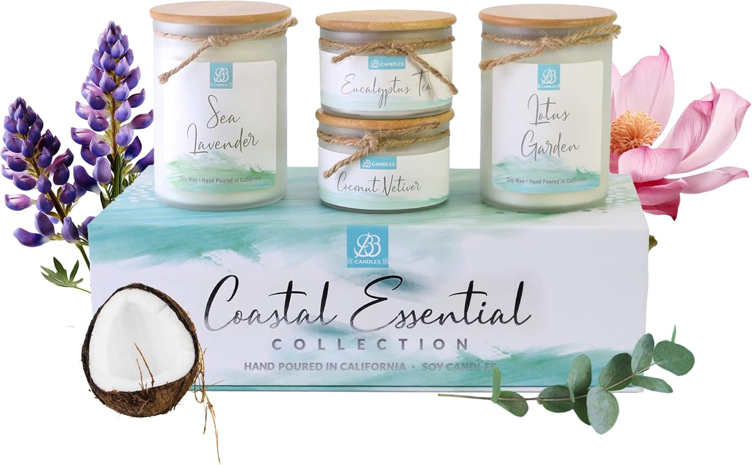 Coastal Essentials Scented Candle Gift Set, Decorative Candles for Home Decor, Long Burning Candles Set - 4 Candles 80 Value(Sea Lavender, Lotus Garden, Eucalyptus Tea, and Coconut Vetiver)