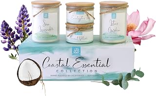 Coastal Essentials Scented Candle Gift Set, Decorative Candles for Home Decor, Long Burning Candles Set - 4 Candles 80 Value(Sea Lavender, Lotus Garden, Eucalyptus Tea, and Coconut Vetiver)