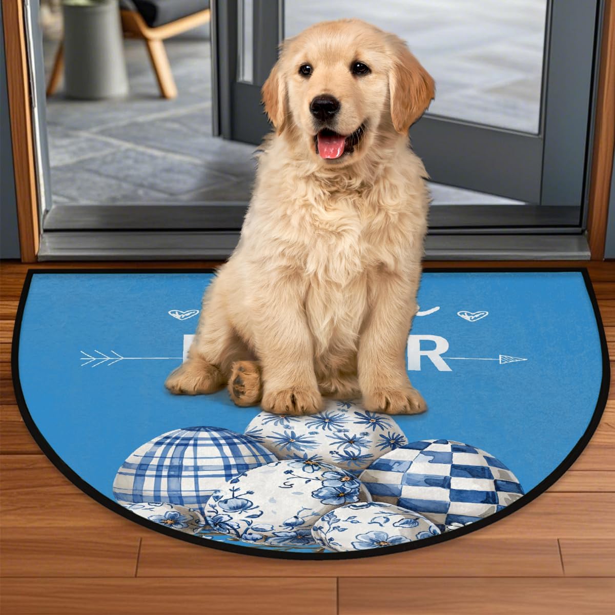 Half Round Door Mat Happy Easter Eggs Blue Washable Non-Slip Doormat Welcome Semi Circle Area Rug Half Moon Mats Semi Floor Rugs Indoor Entrance Kitchen Bedroom Living Room Decorative Gift