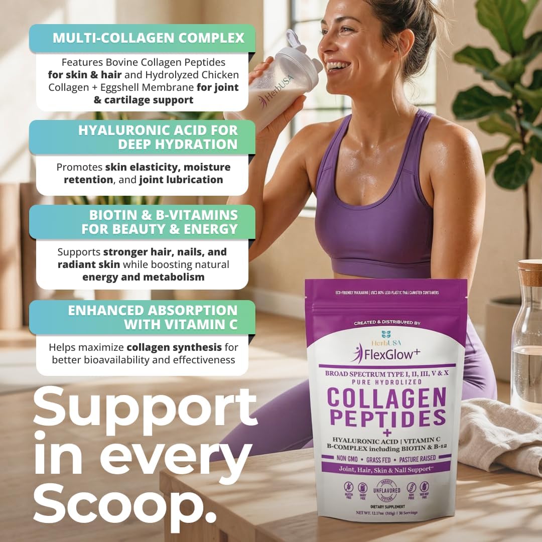 FlexGlow+ Collagen Peptides – Broad Spectrum (I, II, III, V, X) – Hyaluronic Acid, Biotin & Vitamin C - Hair, Skin & Joint Support – 30 Servings (Unflavored) (13.12 oz)