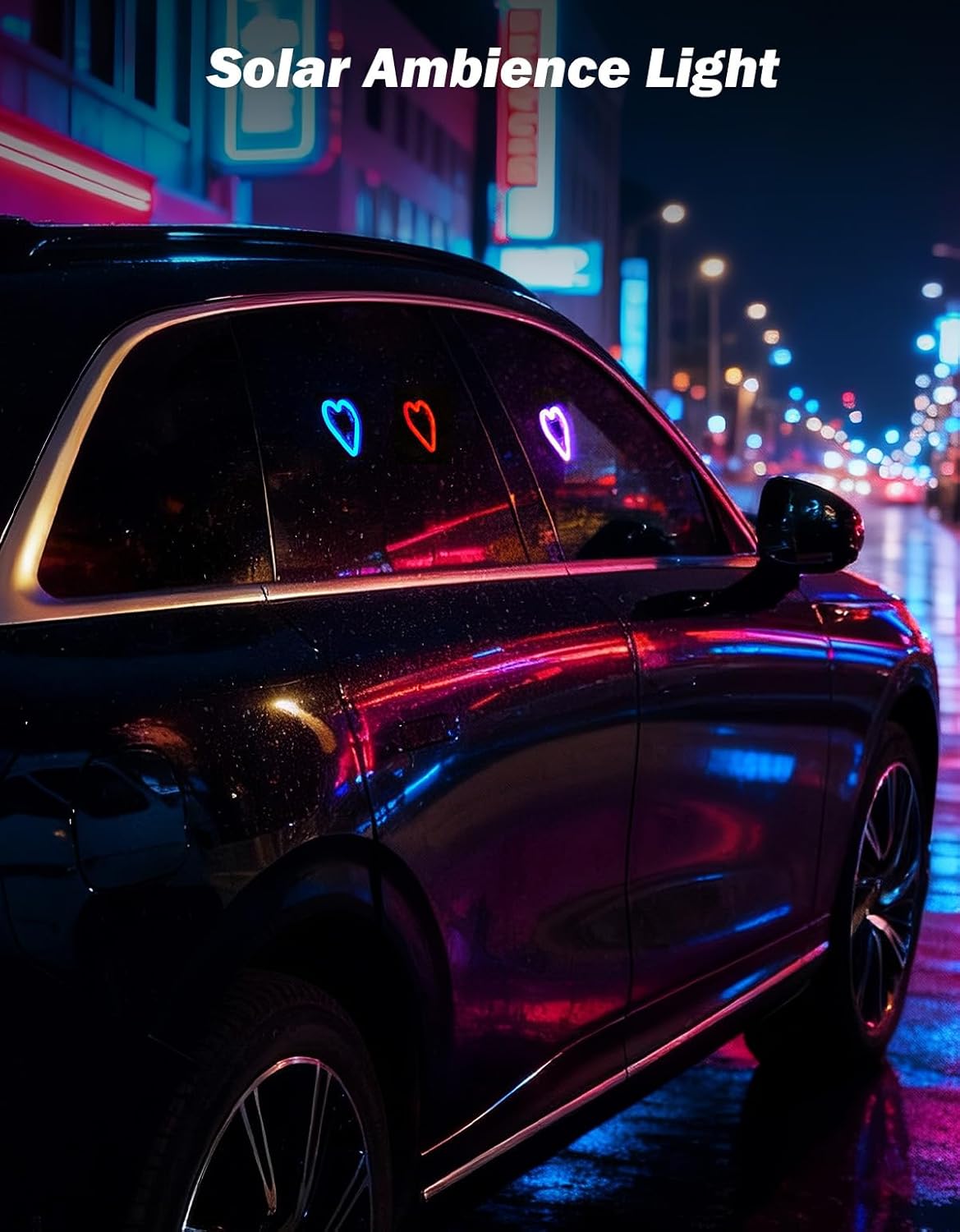 JOYTUTUS Car LED Ambient Light Solar Powered Heart Neon Light Car Led Lights Interior for Outdoor/Interior Car/Room Pink