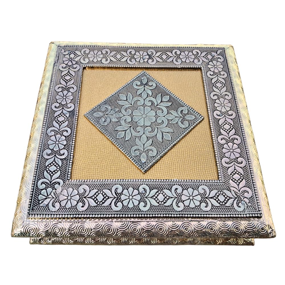 Handicraft Wooden Meenakari Decorative Multipurpose Box Square Shape for Dry fruit/Sweet Box/Mukhwas Box, Wedding Gift Item (4 Section, Square design) Size: 20 X 20 X 5.5 cm