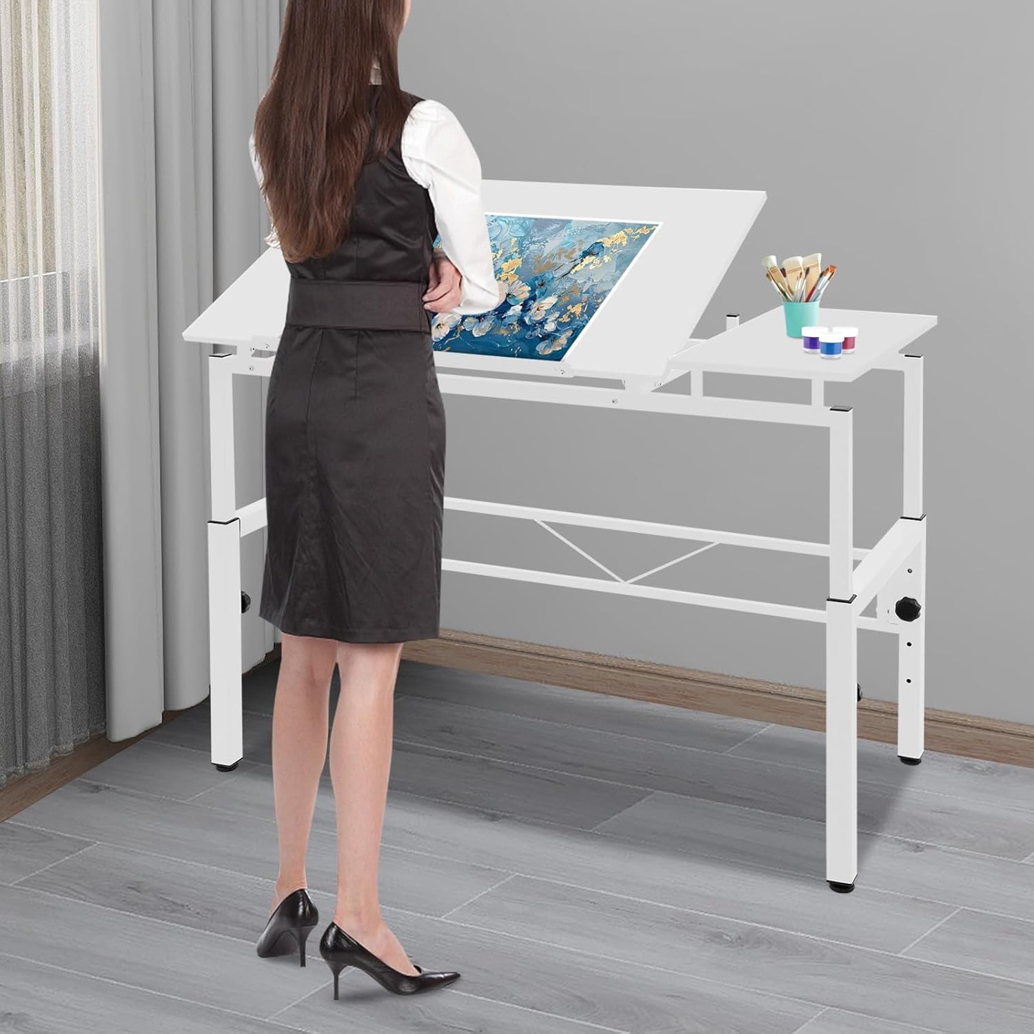 Modern Drafting Table Height Adjustable and Tiltable Drawing Desk with Side Panel Large Operating Space Hobby Table for Artists, Architects, Craft Hobby, White