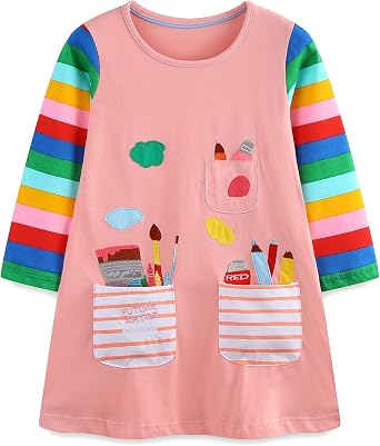 FreeLu Toddler Girls Cartoon Applique Dresses Striped Casual Dress Cotton Jersey Longsleeve T-Shirt