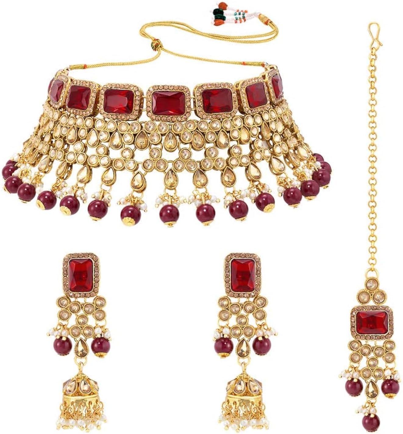 Aheli Kundan and Simulated Colored Stones Indian Ethnic Maang Tikka Necklace and Earrings Set Bollywood Festive Statement Jewelry Gift for Women