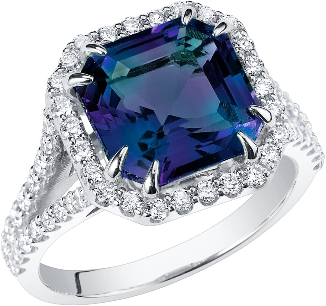 PEORA 5.40 Carats Created Alexandrite and Lab Grown Diamond Ring in 14K White or Yellow Gold, Color-Changing Cushion Cut, Sizes 4 to 10