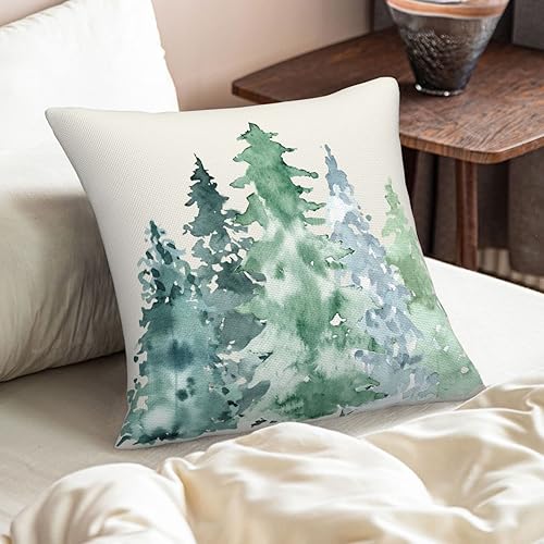 Miniatura 6 de Juego de 2 fundas de almohada de acuarela azul y verde para invierno naturaleza y bosque 18 x 18 pulgadas fundas de almohada rústicas de primavera y