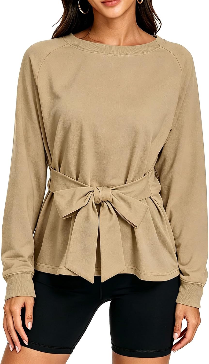 Women's Long Sleeves Shirt Tops Crew Neck Tie Knot Sweatshirt Tops Casual Fall Loose Fit Cropped Top Pullover