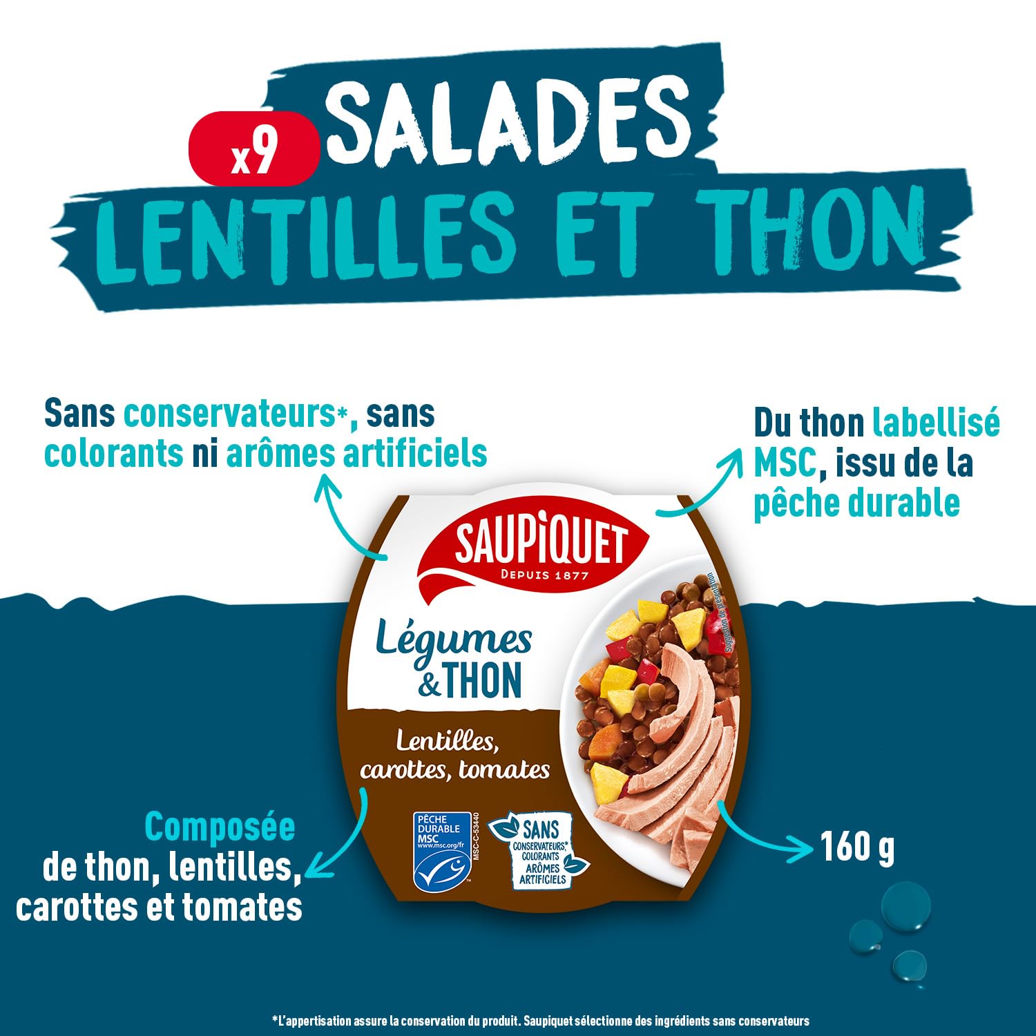 SAUPIQUET - Légumes & Thon - Lentilles, Carottes, Tomates - Salade Prête à Consommer - Température Ambiante - Idéal Pique-Nique - Poisson Issu Pêche Traçabilité Garantie - 9 Conserves (160 g)