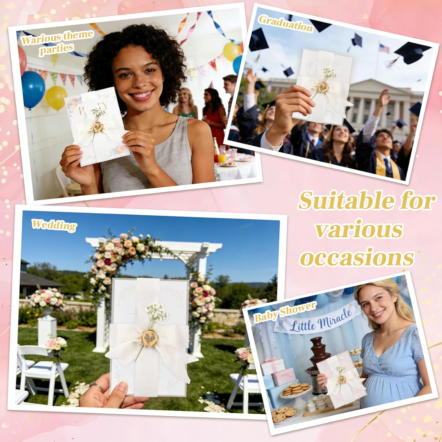Wedding Invitation Accessories Kit, Pre-Folded Vellum Jackets for 5×7 Invitations with Wax Seal Stickers, Ribbon & Dried Flowers, Elegant Wedding Invitation Accessories for DIY Bridal Invites (Off-White, 100)