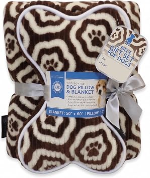 American Kennel Club 60x50 Pet Blanket & 10 Pillow Set, Warm Plush Blanket for Dogs & Cats - Paw Print - Brown