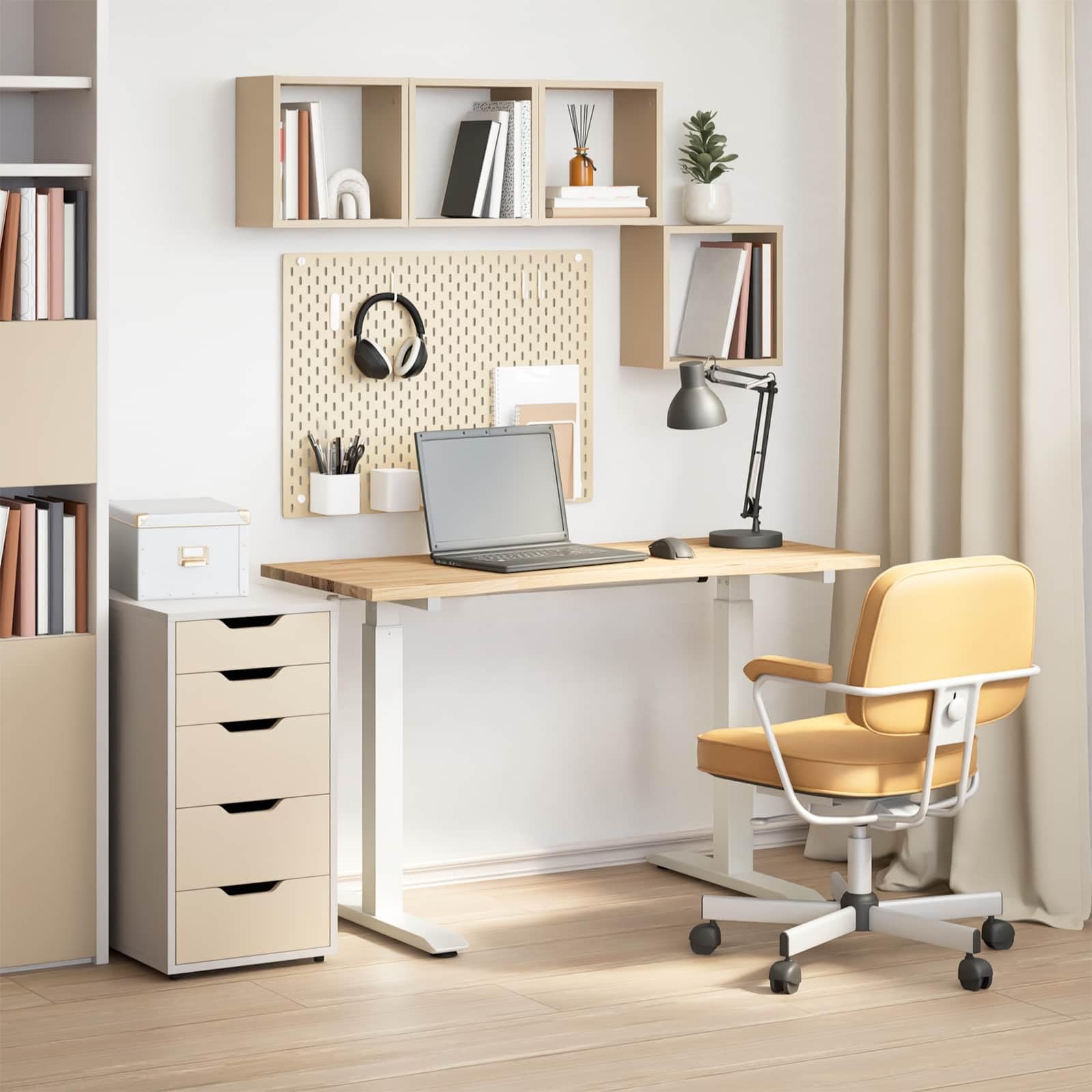 Scrivania regolabile in altezza in legno di rovere massiccio con telaio in acciaio, 120 x 60 cm, bianca e naturale, ergonomica, per home office, ufficio, gaming, laptop, salvaspazio e robusta