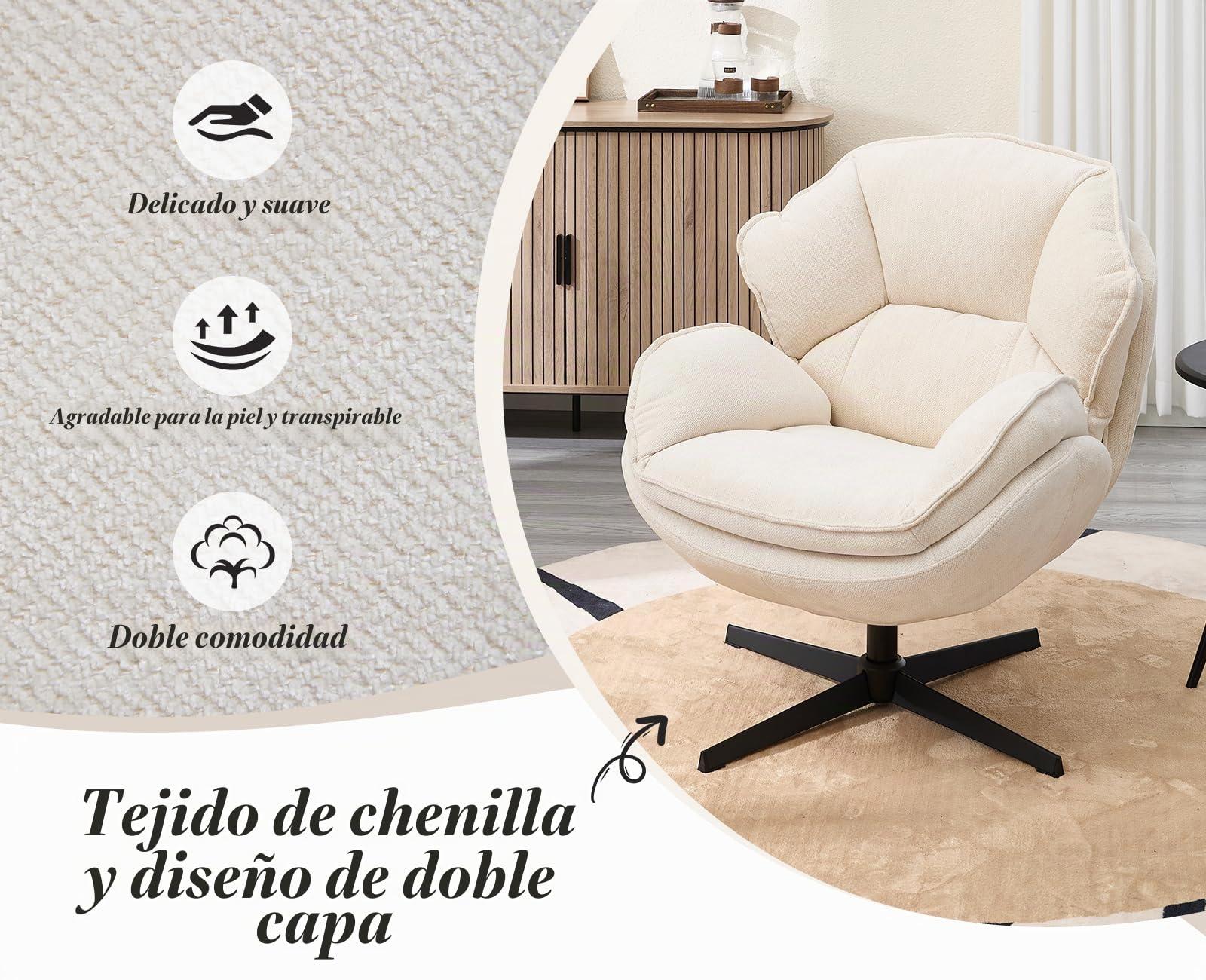 chairus Sillón de Salón Giratorio Silla de Lectura Modena con Respaldo Doble, Sillón Dormitorio Tapizado de Chenilla Butaca Ocio Diseño para Hogar/Habitación, Blanco
